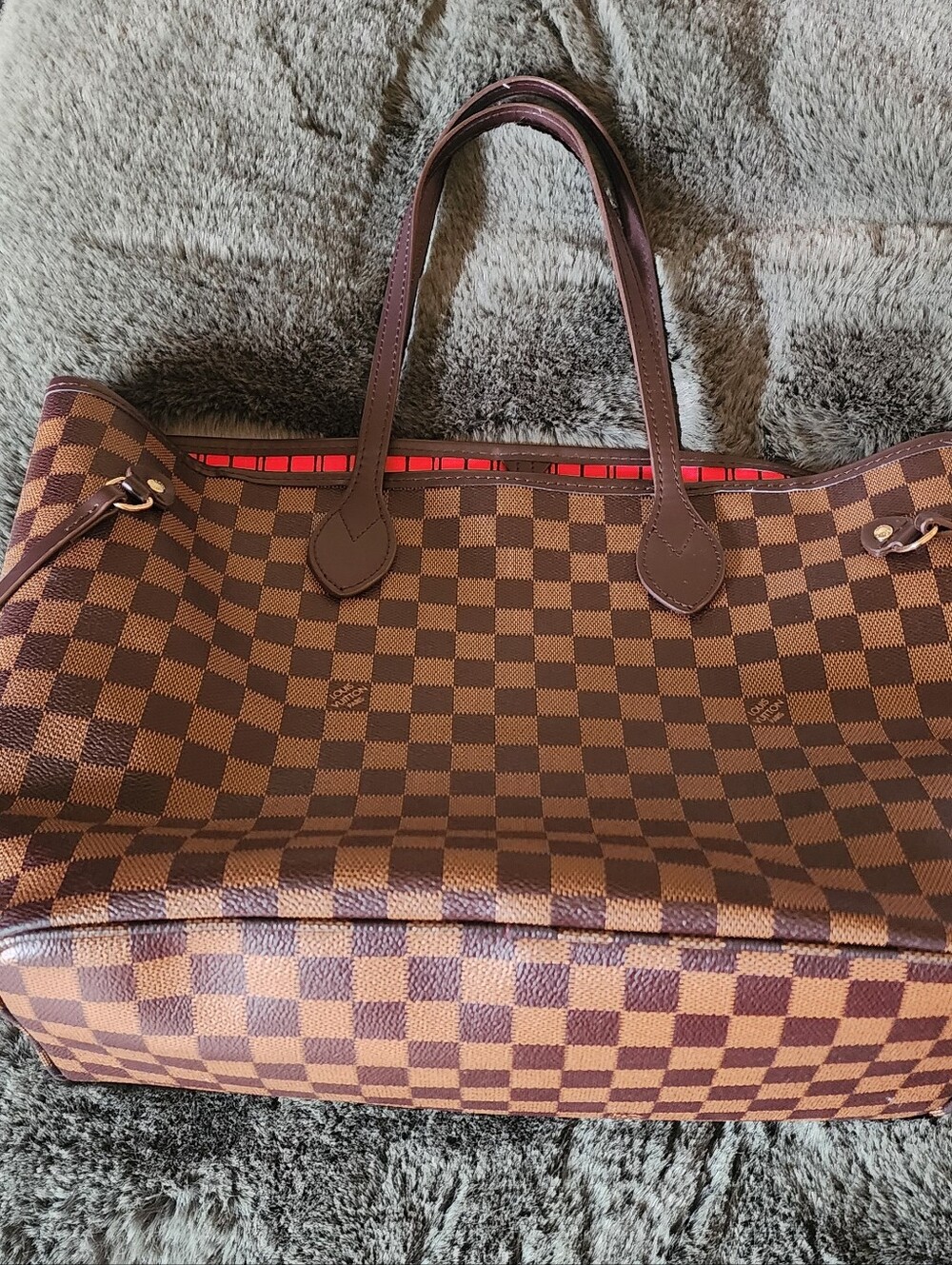 Brown Checkered Tote Bag with Red Interior